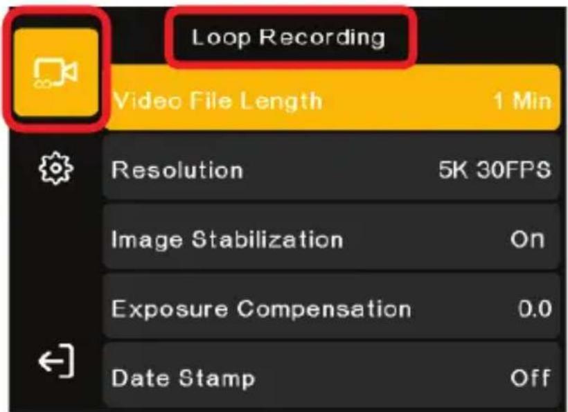 Loop Recording Video File Length 1 Min Resolution 5K 30FPS Image Stabilization On Exposure Compensation 0.0 Date Stamp Off
