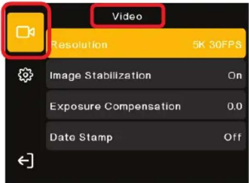 Video Resolution 5K 30FPS Image Stabilization On Exposure Compensation 0.0 Date Stamp Off