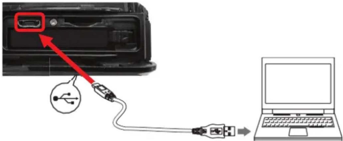 Diagram showing cable connection between a device and a laptop, with a red arrow indicating the cable's direction.