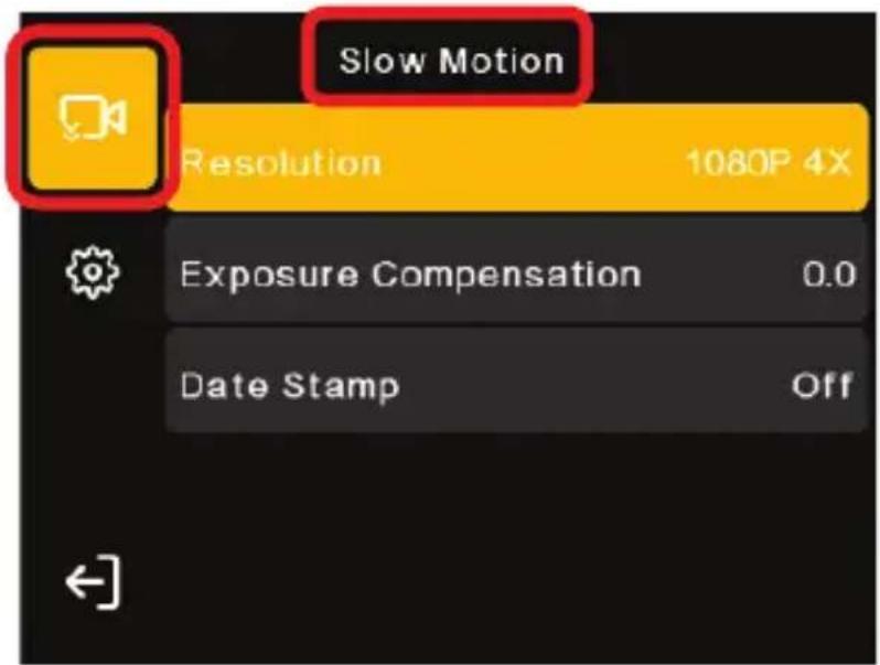 Slow Motion Resolution 1080P 4X Exposure Compensation 0.0 Date Stamp Off