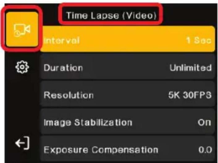 Time Lapse (Video) Interval 1 Sec Duration Unlimited Resolution 5K 30FPS Image Stabilization On Exposure Compensation 0.0