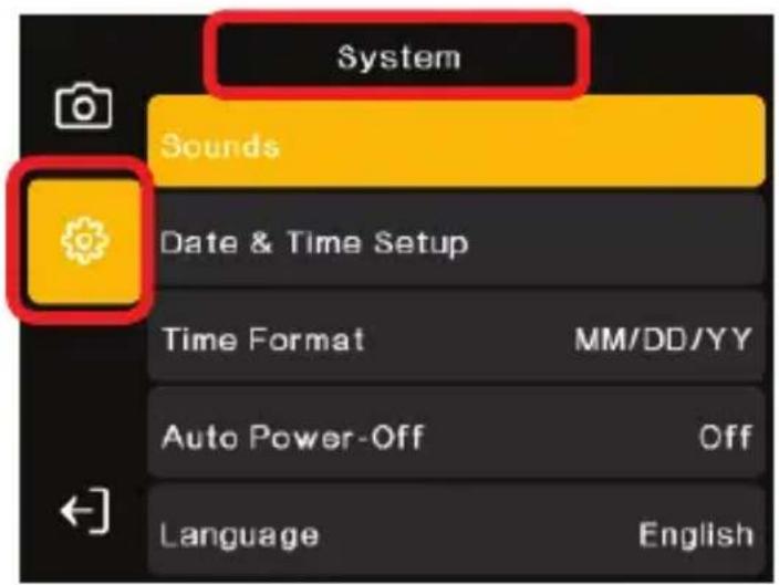 System Sounds Date & Time Setup Time Format MM/DD/YY Auto Power-Off Off Language English