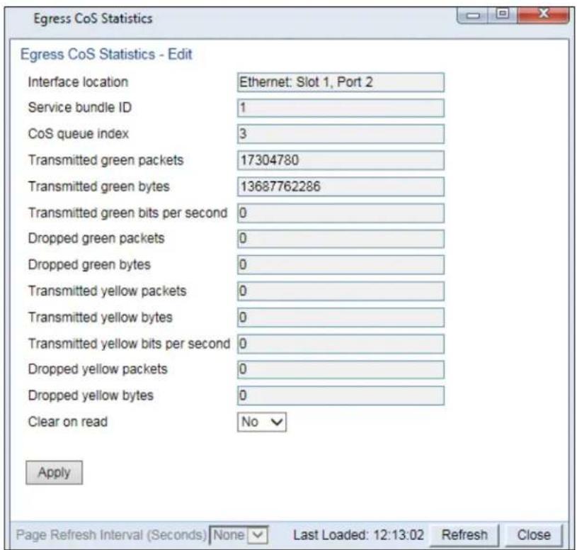 Egress CoS Statistics Egress CoS Statistics - Edit Interface location Ethernet: Slot 1, Port 2 Service bundle ID 1 CoS queue index 3 Transmitted green packets 17304780 Transmitted green bytes 13687762286 Transmitted green bits per second 0 Dropped green packets 0 Dropped green bytes 0 Transmitted yellow packets 0 Transmitted yellow bytes 0 Transmitted yellow bits per second 0 Dropped yellow packets 0 Dropped yellow bytes 0 Clear on read No Apply Page Refresh Interval (Seconds) None Last Loaded: 12:13:02 Refresh Close