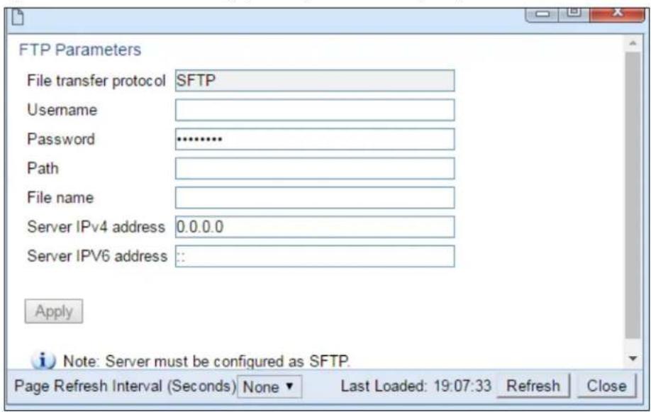 FTP Parameters File transfer protocol SFTP Username Password .......... Path File name Server IPv4 address 0.0.0.0 Server IPv6 address :: Apply i Note: Server must be configured as SFTP. Page Refresh Interval (Seconds) None Last Loaded: 19:07:33 Refresh Close