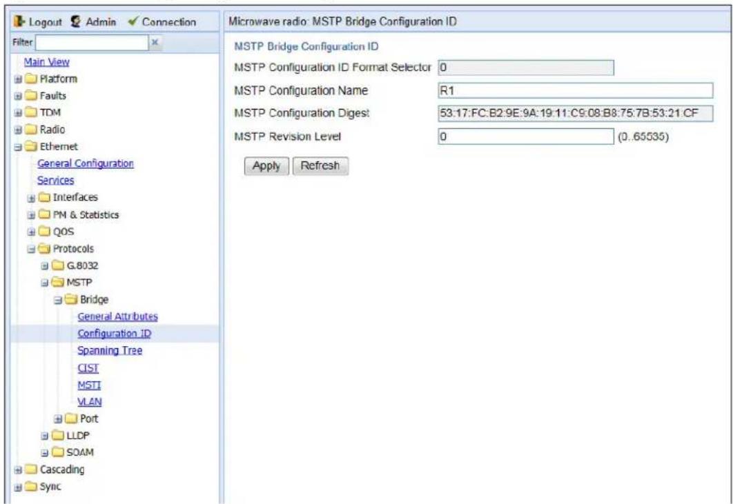 Logout Admin Connection Filter Main View Platform Faults TDM Radio Ethernet General Configuration Services Interfaces PM & Statistics QOS Protocols G.8032 MSTP Bridge General Attributes Configuration ID Spanning Tree CIST MSTI VLAN Port LLDP SOAM Cascading Sync Microwave radio: MSTP Bridge Configuration ID MSTP Bridge Configuration ID MSTP Configuration ID Format Selector 0 MSTP Configuration Name R1 MSTP Configuration Digest 53:17:FC:B2:9E:9A:19:11:C9:08:B8:75:7B:53:21:CF MSTP Revision Level 0 (0..65535) Apply Refresh