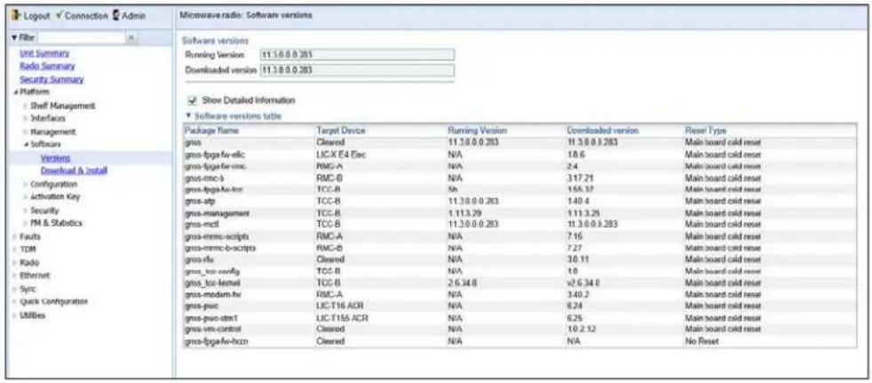 Logout √ Connection √ Admin Filter Unit Summary Radio Summary Security Summary Platform • Shelf Management • Interfaces • Management • Software Versions Download & Install Configuration • Activation Key • Security • PM & Statistics Faults • TDM Radio • Ethernet • Sync • Quick Configuration • Utilities Microwave radio: Software versions Software versions Running Version 11.3.0.0.283 Downloaded version 11.3.0.0.283 Show Detailed Information Software versions table Package Name Target Device Running Version Downloaded version Reset Type gms Cleaned 11.3.0.0.283 11.3.0.0.283 Main board cold reset gms-fpga-fw-elec LEC-X E4 Eec N/A 18.6 Main board cold reset gms-fpga-fw-elec RMC-A N/A 2.4 Main board cold reset gms-etc-b RMC-B N/A 317.21 Main board cold reset gms-fpga-fw-elec TCC-B Nb 155.37 Main board cold reset gms-atp TCC-B 11.3.0.0.283 140.4 Main board cold reset gms-management TCC-B 1.113.29 111.3.29 Main board cold reset gms-mct TCC-B 11.3.0.0.283 11.3.0.0.283 Main board cold reset gms-emmc-scripts RMC-A N/A 7.16 Main board cold reset gms-emmc-b-scripts RMC-B N/A 7.27 Main board cold reset gms-flu Cleaned N/A 30.11 Main board cold reset gms_tot-config TCC-B N/A 10 Main board cold reset gms_tot-kernel TCC-B 2.6.348 v2.6.348 Main board cold reset gms-modem-fw RMC-A N/A 3.40.2 Main board cold reset gms-puc LEC-T155 ACR N/A 6.24 Main board cold reset gms-puo-stm LEC-T155 ACR N/A 6.25 Main board cold reset gms-vn-control Cleaned N/A 10.2.12 Main board cold reset gms-fpga-fw-hzcn Cleaned N/A NA No Reset