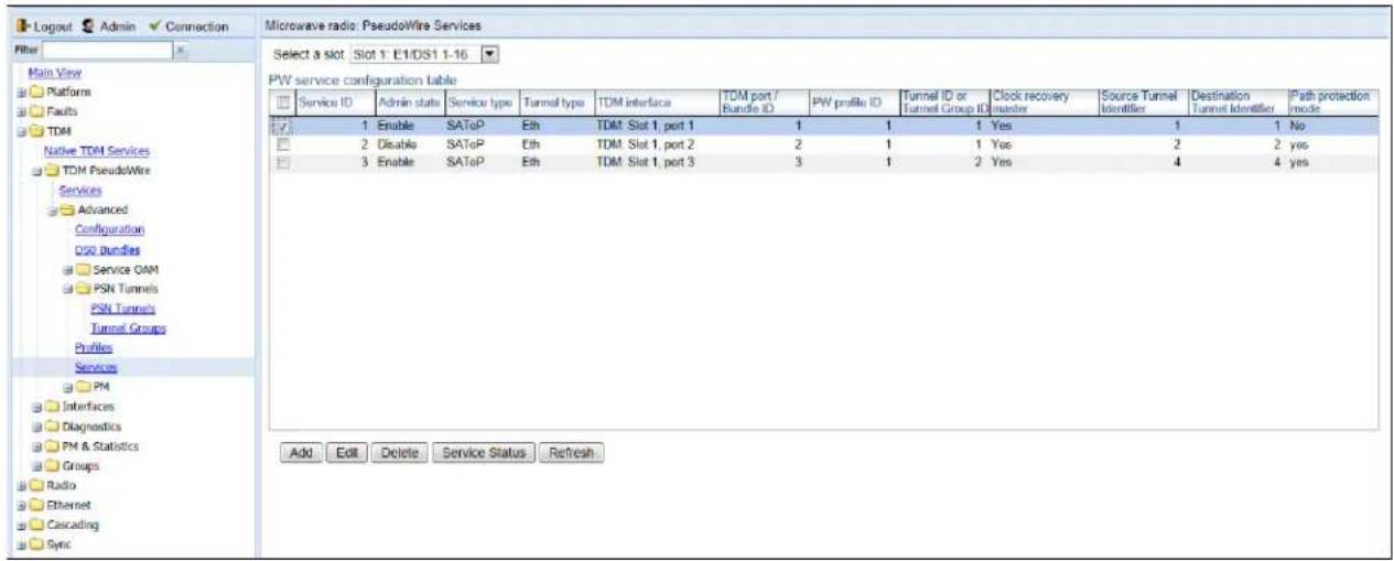 Logout Admin Connection Filter Main View Platform Faults TDM Native TDM Services TDM PseudoWire Services Advanced Configuration DSQ Bundles Service GAM PSN Tunnels PSN Tunnels Tunnel Groups Profiles Services PM Interfaces Diagnostics PM & Statistics Groups Radio Ethernet Cascading Sync Microwave radio: PseudoWire Services Select a slot Slot 1: E1/DS1 1-16 PV service configuration table Service ID Admin state Service type Tunnel type TDM interface TDM port / Bundle ID PW profile ID Tunnel ID or Tunnel Group ID Clock recovery master Source Tunnel Identifier Destination Tunnel Identifier Path protection mode 1 Enable SAToP Eth TDM Slot 1, port 1 1 1 1 Yes 1 1 No 2 Disable SAToP Eth TDM Slot 1, port 2 2 1 1 Yes 2 2 yes 3 Enable SAToP Eth TDM Slot 1, port 3 3 1 2 Yes 4 4 yes Add Edit Delete Service Status Refresh