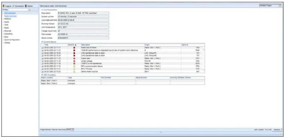 Logout - V Connection Admin Filter Unit Parameters Description: 94-2000X VRL 2-rates, 6 GB, 16 TSM dual feed System up time: 37 minutes, 33 seconds Local date and time: 08-02-2005 22:46:42 Running Version: 01.0.0.6.103 Unit Temperature: 30°C, 36°F Voltage Input(Volt): 0T Partnumber: 2H-0009-1A Serial number: 83999000075 Current alarms Time Severit's ▲ Description Origin Alarm id 08-02-2000 22:11:11 ● Radio rate of frame Radio Slot 1, Port 2 883 08-02-2000 22:11:32 ● 1588-BC performance is degraded due to loss of system clock reference 0 5046 08-02-2000 22:10:16 ● LAD operational state is down LAG Grid# #1 101 08-02-2000 22:10:16 ● LAD operational state is down LAG Grid# #2 101 08-02-2000 22:11:53 ● Cable team Radio Slot 1, Port 2 1701 08-02-2000 22:11:15 ● Under voltage RDC #1 1702 08-02-2000 22:11:34 ● 1588TCs not operational Radio Slot 1, Port 2 5016 08-02-2000 22:11:13 ○ RFU communication failure Radio Slot 1, Port 2 1753 08-02-2000 22:11:53 ○ RFU TXA Units Radio Slot 1, Port 2 1735 08-02-2000 22:10:33 ○ Demo mode is active Sot 1 991 CDU Inventory Radio Location Type Part Number Serae-Number Running Software Version Radio Slot 1, Port 1 Unknown - Radio Slot 1, Port 2 Unknown - Page Refresh: Internal (second), [ ]