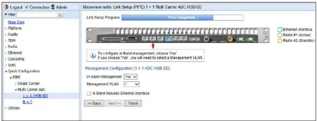 Logout Connection Admin Filter Main View Platform Faults TDM Radio Ethernet Cascading Sync Quick Configuration PIPE Single Carrier Multi Carrier ABC 1 + 1 (HSB-SD) N + 0 Utilities Microwave radio: Link Setup (PIPE) 1 + 1 Multi Carrier ABC HSB-SD Link Setup Progress 75% completed... To configure in Band management, choose 'Yes' If you choose 'Yes', you will need to select a Management VLAN. Management Configuration (1 + 1 ABC HSB-SD) In Band Management: Yes Management VLAN: 1 In Band includes Ethernet interface << Back Next >> Finish