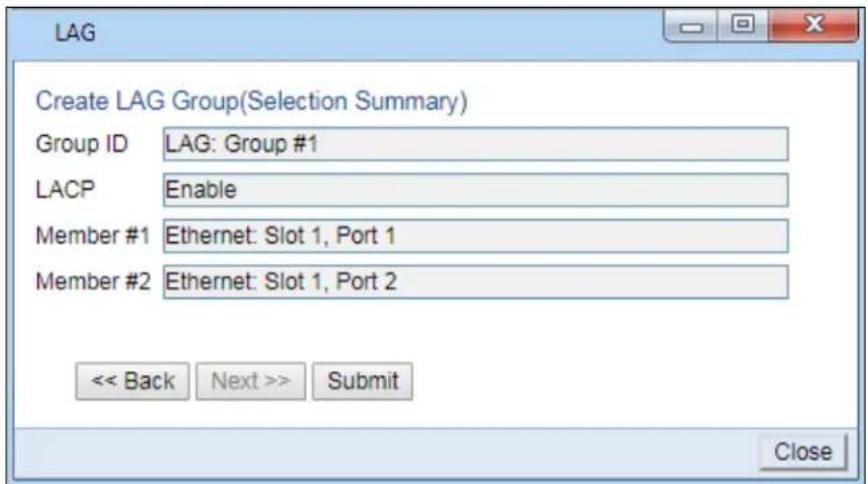 LAG Create LAG Group(Selection Summary) Group ID LAG: Group #1 LACP Enable Member #1 Ethernet: Slot 1, Port 1 Member #2 Ethernet: Slot 1, Port 2 << Back Next >> Submit Close