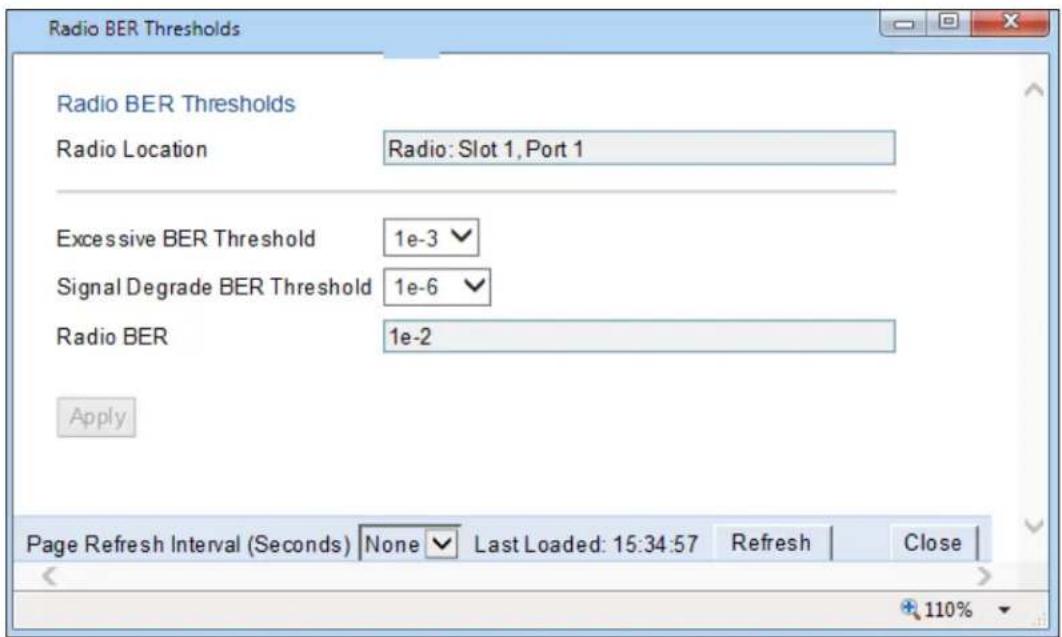 Radio BER Thresholds Radio BER Thresholds Radio Location Radio: Slot 1, Port 1 Excessive BER Threshold 1e-3 Signal Degrade BER Threshold 1e-6 Radio BER 1e-2 Apply Page Refresh Interval (Seconds) None Last Loaded: 15:34:57 Refresh Close 110%
