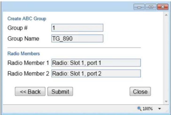 Create ABC Group Group # 1 Group Name TG_890 Radio Members Radio Member 1 Radio: Slot 1, port 1 Radio Member 2 Radio: Slot 1, port 2 << Back Submit Close 100%