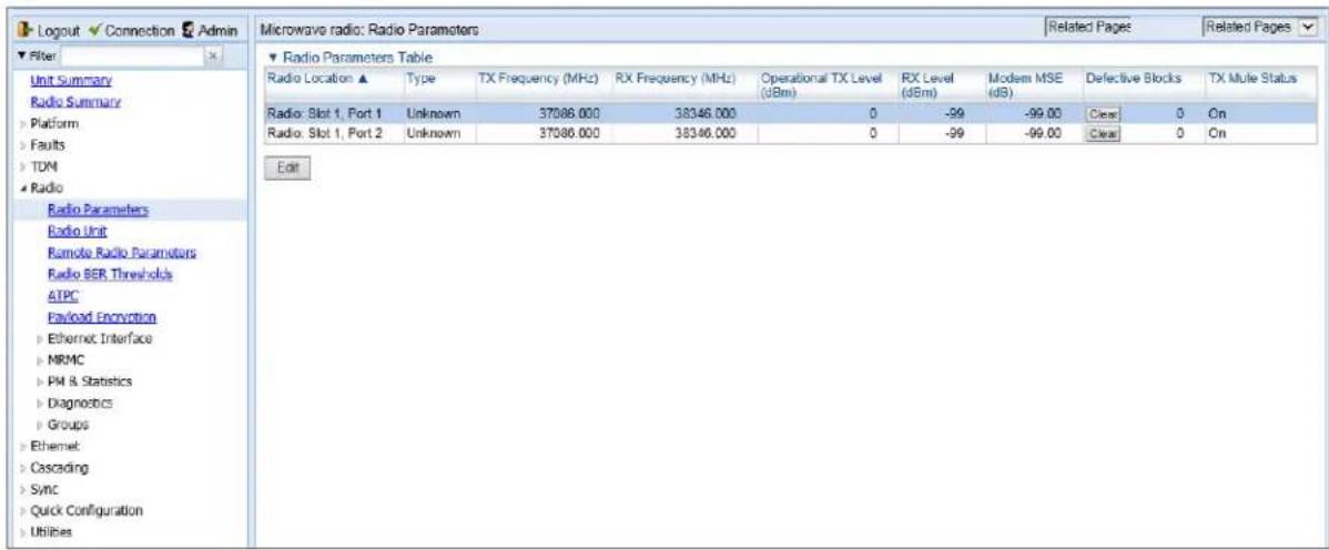 Logout ✓ Connection ✓ Admin Filter Unit Summary Radio Summary ► Platform ► Faults ► TDM ► Radio Radio Parameters Radio Unit Remote Radio Parameters Radio BER Thresholds ATPC Payload Encryption ► Ethernet Interface ► MRMC ► PM & Statistics ► Diagnostics ► Groups ► Ethernet ► Cascading ► Sync ► Quick Configuration ► Utilities Microwave radio: Radio Parameters Related Pages Related Pages Radio Parameters Table Radio Location ▲ Type TX Frequency (MHz) RX Frequency (MHz) Operational TX Level (dBm) RX Level (dBm) Modem MSE (dB) Defective Blocks TX Mule Status Radio: Slot 1, Port 1 Unknown 37086.000 38346.000 0 -99 -99.00 Clear 0 On Radio: Slot 1, Port 2 Unknown 37086.000 38346.000 0 -99 -99.00 Clear 0 On Edit