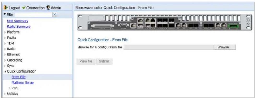 Logout ✓ Connection Admin Filter Unit Summary Radio Summary Platform Faults TDM Radio Ethernet Cascading Sync Quick Configuration From File Platform Setup PIPE Utilities Microwave radio: Quick Configuration - From File Quick Configuration - From File Browse for a configuration file Browse... View file Submit