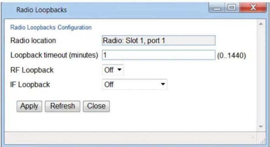 Radio Loopbacks Radio Loopbacks Configuration Radio location Radio: Slot 1, port 1 Loopback timeout (minutes) 1 (0..1440) RF Loopback Off IF Loopback Off Apply Refresh Close