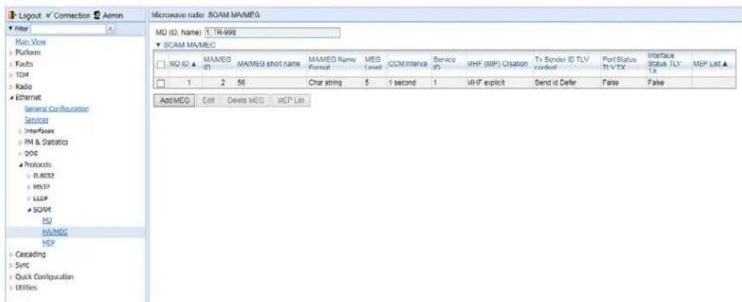 Logout Connection Admin Filter Main View Platform Faults TDM Radio Ethernet General Configuration Services Interfaces PM & Statistics QOG Protocols CLNG32 MSTIP LLDF SOVM MD MA/MEG MEG Cascading Sync Quick Configuration Utilities Microave radio: SOAM MA/MEG MD (ID, Name): 1, TR-998 SCAM MA/MEG MD ID ▲ MAMEG ID MA/MEG shot name MAMEG Name Format MEG Level COM interView Service ID VHF (MIP) Creation Tx Sender ID TLV content Port Status TLV TX Interface Status TLV TA MEP List ▲ 1 2 56 Char string 5 1 second 1 VHIF explicit Send id Defer False False Add MEG Edit Delete MEG MEP List