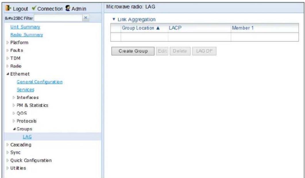 Logout ✓ Connection ✓ Admin ▼ Filter: × Unit Summary Radio Summary ► Platform ► Faults ► TDM ► Radio ► Ethernet General Configuration Services ► Interfaces ► PM & Statistics ► QOS ► Protocols ► Groups LAG ► Cascading ► Sync ► Quick Configuration ► Utilities Microwave radio: LAG ► Link Aggregation Group Location ▲ LACP Member 1 Create Group Edit Delete LAG DF