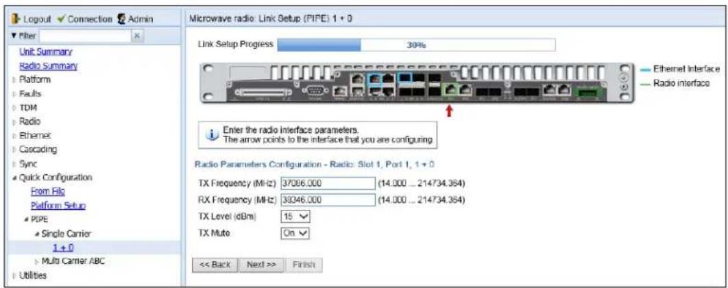 Logout Connection Admin Filter Unit Summary Radio Summary Platform Faults TDM Radio Ethernet Cascading Sync Quick Configuration From File Platform Setup PIPE Single Carrier 1 + 0 Multi Carrier ABC Utilities Microwave radio: Link Setup (PIPE) 1 + 0 Link Setup Progress 30% Ethernet Interface Radio Interface Enter the radio interface parameters. The arrow points to the interface that you are configuring Radio Parameters Configuration - Radio: Slot 1, Port 1, 1 + 0 TX Frequency (MHz) 37066.000 (14.000 ... 214734.364) RX Frequency (MHz) 39346.000 (14.000 ... 214734.364) TX Level (dBm) 15 TX Muto On << Back Next >> Finish