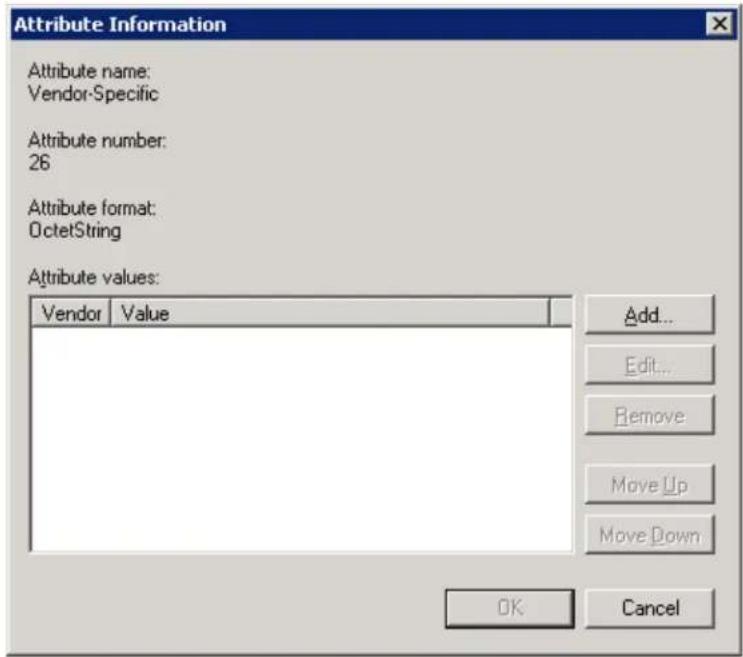 Attribute Information Attribute name: Vendor-Specific Attribute number: 26 Attribute format: OctelString Attribute values: Vendor Value Add... Edit... Remove Move Up Move Down OK Cancel