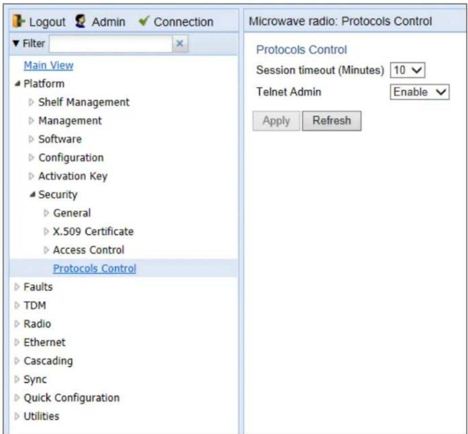 Logout Admin Connection Filter Main View Platform Shelf Management Management Software Configuration Activation Key Security General X.509 Certificate Access Control Protocols Control Faults TDM Radio Ethernet Cascading Sync Quick Configuration Utilities Microwave radio: Protocols Control Protocols Control Session timeout (Minutes) 10 Telnet Admin Enable Apply Refresh