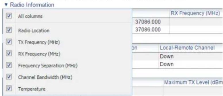 ✓ All columns ✓ Radio Location ✓ TX Frequency (MHz) ✓ RX Frequency (MHz) ✓ Frequency Separation (MHz) ✓ Channel Bandwidth (MHz) ✓ Temperature 37086.000 37086.000 on Local-Remote Channel Down Down Maximum TX Level (dBm)