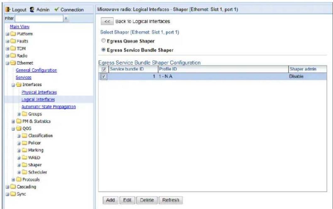 Logout Admin Connection Filter Main View Platform Faults TDN Radio Ethernet General Configuration Services Interfaces Physical Interfaces Logical Interfaces Automatic State Propagation Groups PM & Statistics QOS Classification Policor Marking WRED Shaper Scheduler Protocols Cascading Sync Microwave radio: Logical Interfaces - Shaper (Ethernet: Slot 1, port 1) Back to Logical Interfaces Select Shaper (Ethernet: Slot 1, port 1) Egress Queue Shaper Egress Service Bundle Shaper Egress Service Bundle Shaper Configuration ✓ Service bundle ID Profile ID Shaper admin ✓ 1 1 - N A Disable Add Edit Delete Refresh