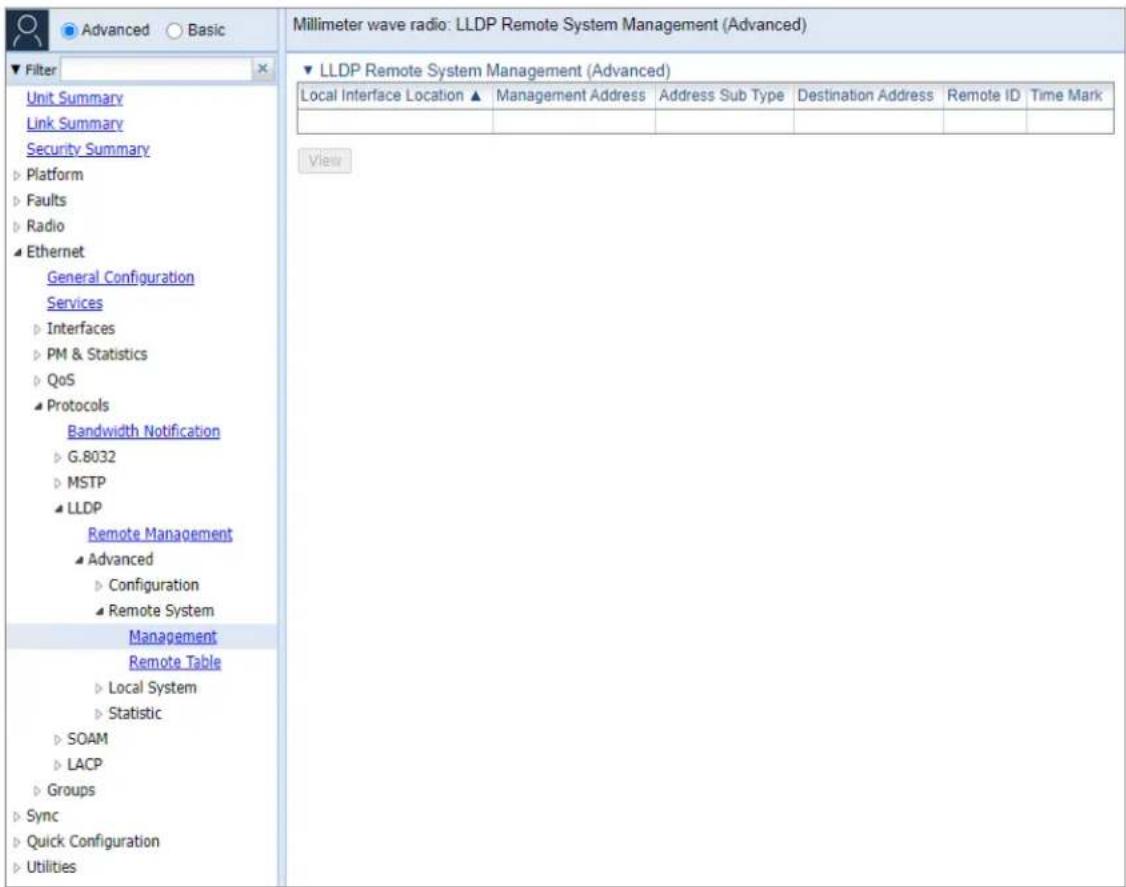 Millimeter wave radio: LLDP Remote System Management (Advanced) ▼ LLDP Remote System Management (Advanced) Local Interface Location ▲ Management Address Address Sub Type Destination Address Remote ID Time Mark View Unit Summary Link Summary Security Summary ► Platform ► Faults ► Radio ► Ethernet Gen…