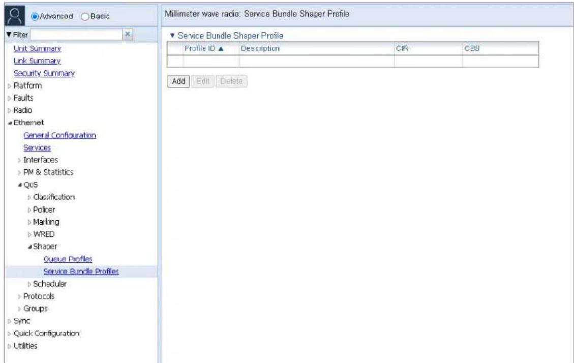 Millimeter wave radio: Service Bundle Shaper Profile ▼ Service Bundle Shaper Profile Profile ID ▲ Description CIR CES Add Edit Delete Unit Summary Link Summary Security Summary ► Platform ► Faults ► Radio ► Ethernet General Configuration Services ► Interfaces ► PM & Statistics ► QoS ► Classification…