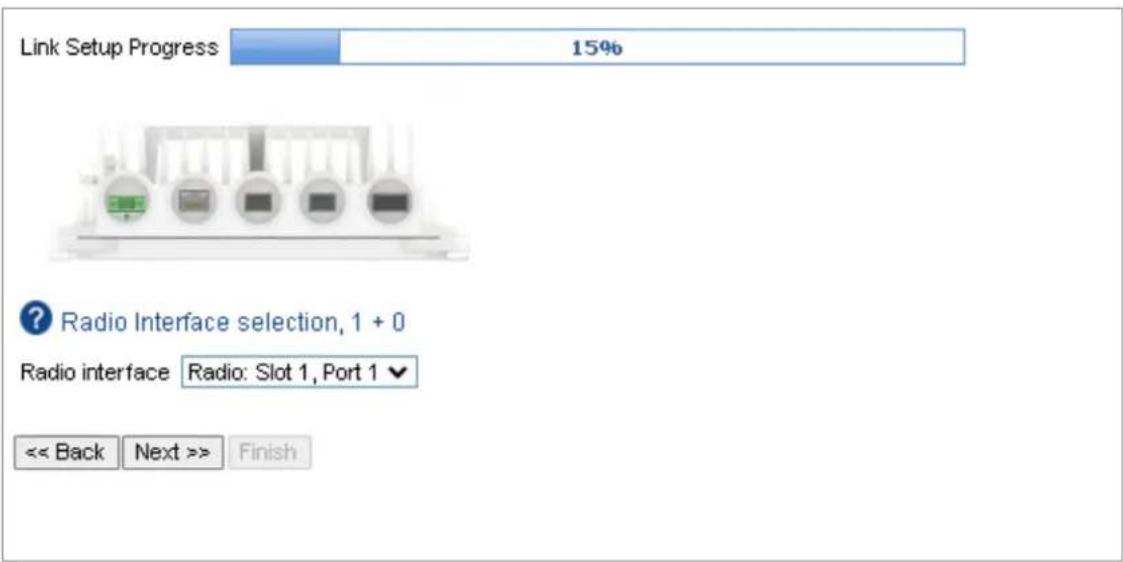 Link Setup Progress 15% Radio Interface selection, 1 + 0 Radio interface Radio: Slot 1, Port 1 << Back Next >> Finish