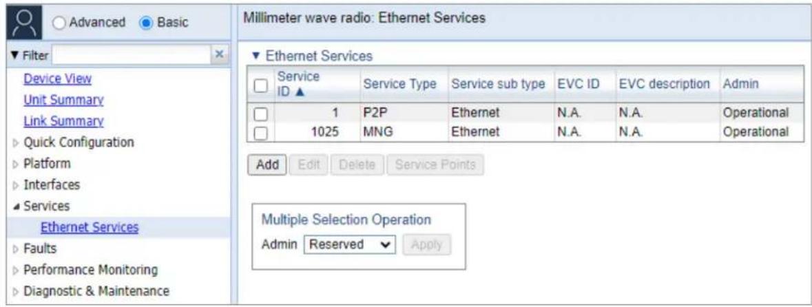 Millimeter wave radio: Ethernet Services ▼ Filter Device View Unit Summary Link Summary Quick Configuration Platform Interfaces Services Ethernet Services Faults Performance Monitoring Diagnostic & Maintenance ▼ Ethernet Services □ Service ID ▲ Service Type Service sub type EVC ID EVC description Ad…