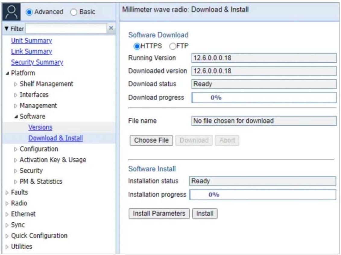 Millimeter wave radio: Download & Install Unit Summary Link Summary Security Summary Platform Shelf Management Interfaces Management Software Versions Download & Install Configuration Activation Key & Usage Security PM & Statistics Faults Radio Ethernet Sync Quick Configuration Utilities Software Do…