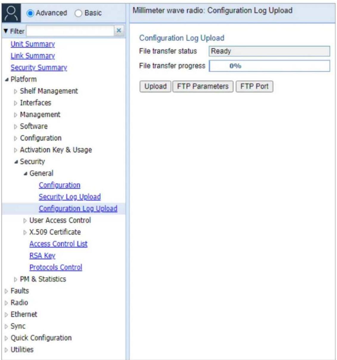 Advanced Basic Filter Unit Summary Link Summary Security Summary Platform ► Shelf Management ► Interfaces ► Management ► Software ► Configuration ► Activation Key & Usage ► Security ► General Configuration Security Log Upload Configuration Log Upload ► User Access Control ► X.509 Certificate Access…
