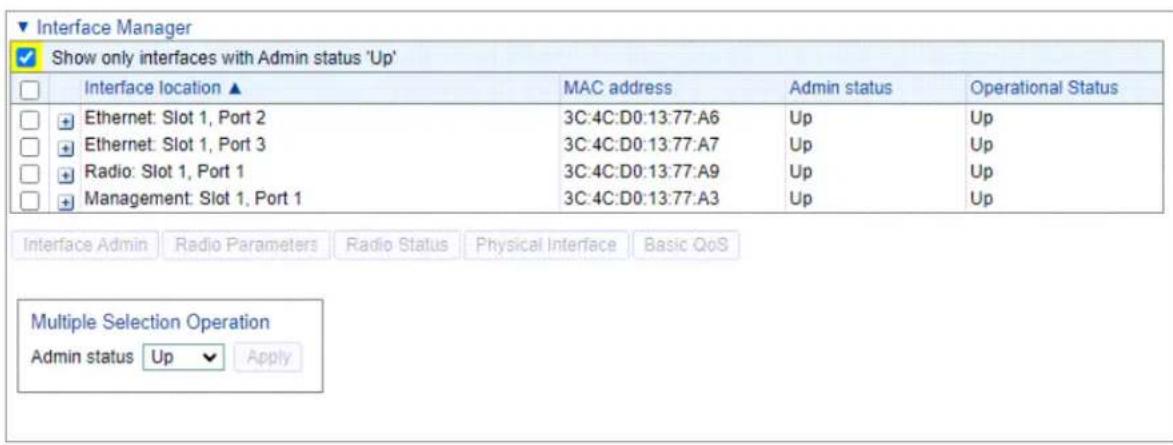 Interface Manager ✓ Show only interfaces with Admin status 'Up' □ Interface location ▲ MAC address Admin status Operational Status □ Ethernet: Slot 1, Port 2 3C:4C:D0:13:77:A6 Up Up □ Ethernet: Slot 1, Port 3 3C:4C:D0:13:77:A7 Up Up □ Radio: Slot 1, Port 1 3C:4C:D0:13:77:A9 Up Up □ Management: Slot…