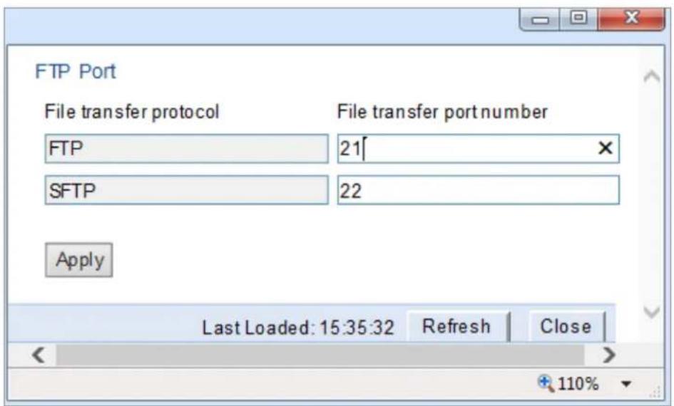 FTP Port File transfer protocol File transfer port number FTP 21 SFTP 22 Apply Last Loaded: 15:35:32 Refresh Close 110%