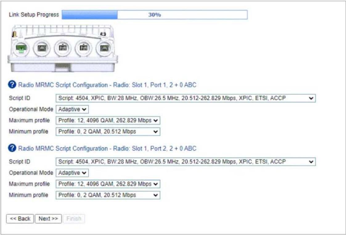Link Setup Progress 30% Radio MRMC Script Configuration - Radio: Slot 1, Port 1, 2 + 0 ABC Script ID Script: 4504, XPIC, BW:28 MHz, OBW:26.5 MHz, 20.512-262.829 Mbps, XPIC, ETSI, ACCP Operational Mode Adaptive Maximum profile Profile: 12, 4096 QAM, 262.829 Mbps Minimum profile Profile: 0, 2 QAM, 20.…