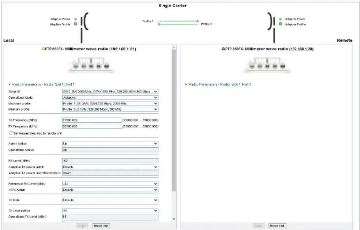 Single Carrier Local Adaptive Power Adaptive Profile Profile 7 Profile 5 Adaptive Power Adaptive Profile Remote △PTP 850EX- Millimeter wave radio (192.168.1.21) Radio Parameters - Radio: Slot 1, Port 1 Script ID 6310, 6W/2000 MHz, 0dB/1598 MHz, 329.288-9914.160 Mbps Operational Mode Adaptive Maximum…