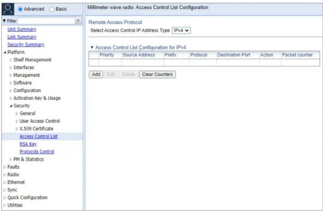 Millimeter wave radio: Access Control List Configuration Filter Unit Summary Link Summary Security Summary Platform ► Shelf Management ► Interfaces ► Management ► Software ► Configuration ► Activation Key & Usage ► Security ► General ► User Access Control ► X.509 Certificate Access Control List RSA…