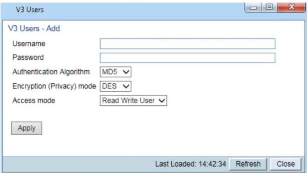 V3 Users V3 Users - Add Username Password Authentication Algorithm MD5 Encryption (Privacy) mode DES Access mode Read Write User Apply Last Loaded: 14:42:34 Refresh Close