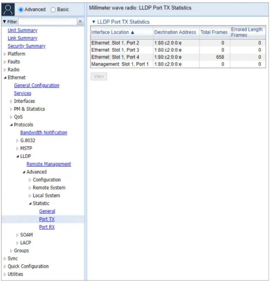 Millimeter wave radio: LLDP Port TX Statistics ▼ LLDP Port TX Statistics Interface Location ▲ Destination Address Total Frames Errored Length Frames Ethernet: Slot 1, Port 2 1:80:c2:0:0:e 0 0 Ethernet: Slot 1, Port 3 1:80:c2:0:0:e 0 0 Ethernet: Slot 1, Port 4 1:80:c2:0:0:e 658 0 Management: Slot 1,…