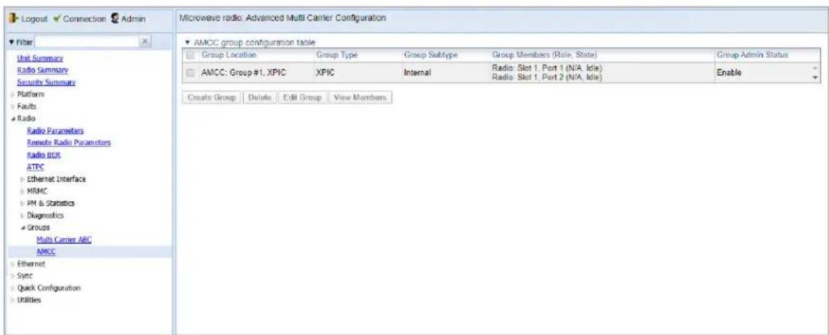 Logout Connection Admin Filter Unit Summary Radio Summary Security Summary Platform Faults Radio Radio Parameters Remote Radio Parameters Radio BCR ATPC Ethernet Interface MRMC PM & Statistics Diagnostics Groups Multi Carrier ABC AMCC Ethernet Sync Quick Configuration Utilities Microwave radio: Adva…