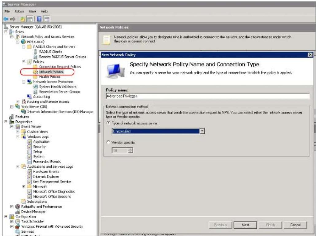 Server Manager File Action View Help Server Manager (QALAE153-2008) Roles Network Policy and Access Services NPS (Loca) RADIUS Clients and Servers RADIUS Clients Remote RADIUS Server Groups Policies Connection Request Policies Network Policies Health Policies Network Access Protection System Health…