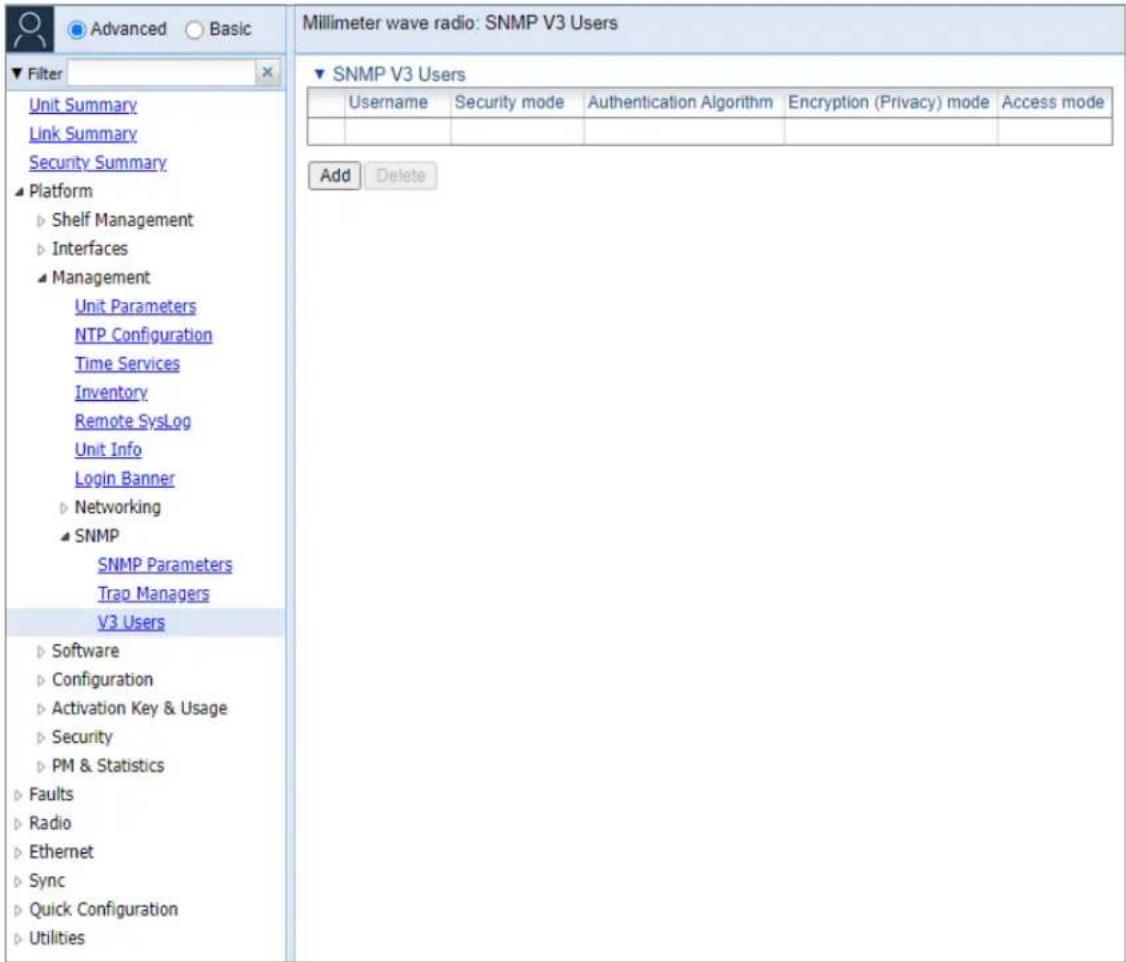 Millimeter wave radio: SNMP V3 Users ▼ SNMP V3 Users Username Security mode-Augentication Algorithm Encryption (Privacy) mode Access mode Unit Summary Link Summary Security Summary Platform Shelf Management Interfaces Management Unit Parameters NTP Configuration Time Services Inventory Remote SysLog…