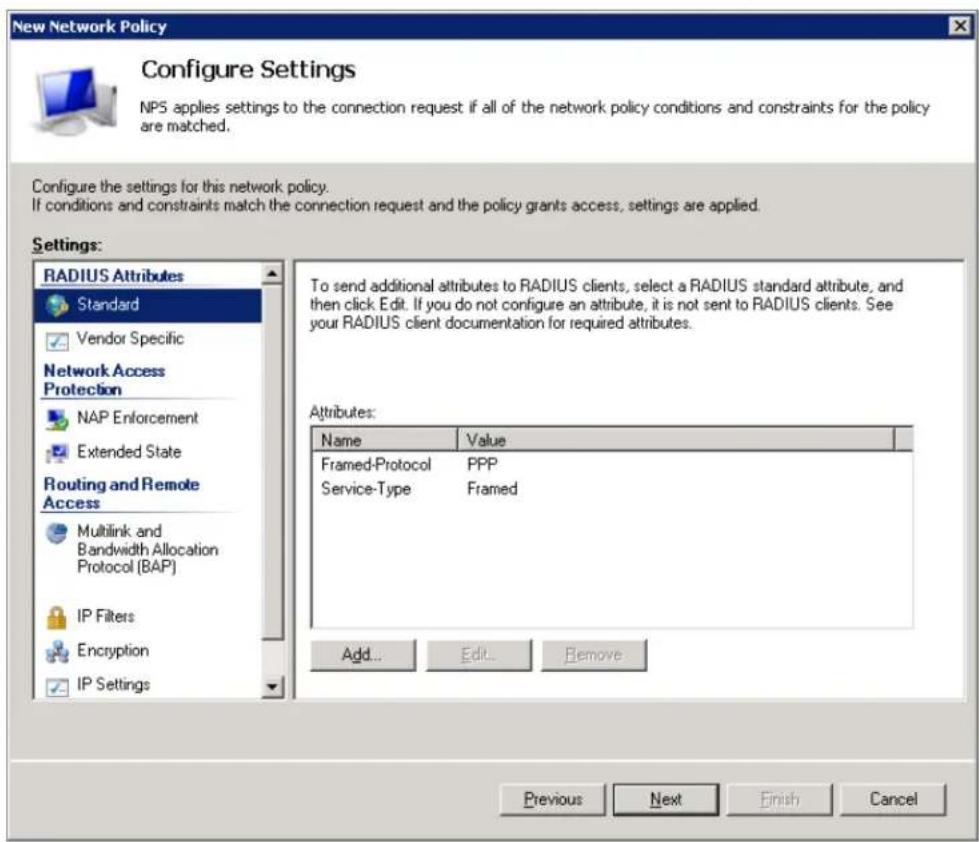 New Network Policy Configure Settings NPS applies settings to the connection request if all of the network policy conditions and constraints for the policy are matched. Configure the settings for this network policy. If conditions and constraints match the connection request and the policy grants ac…
