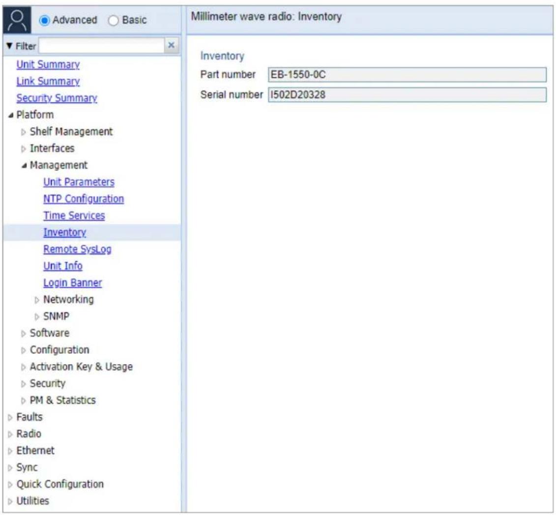 Millimeter wave radio: Inventory Inventory Part number EB-1550-0C Serial number I502D20328 Unit Summary Link Summary Security Summary Platform ► Shelf Management ► Interfaces ► Management Unit Parameters NTP Configuration Time Services Inventory Remote SysLog Unit Info Login Banner ► Networking ► SN…
