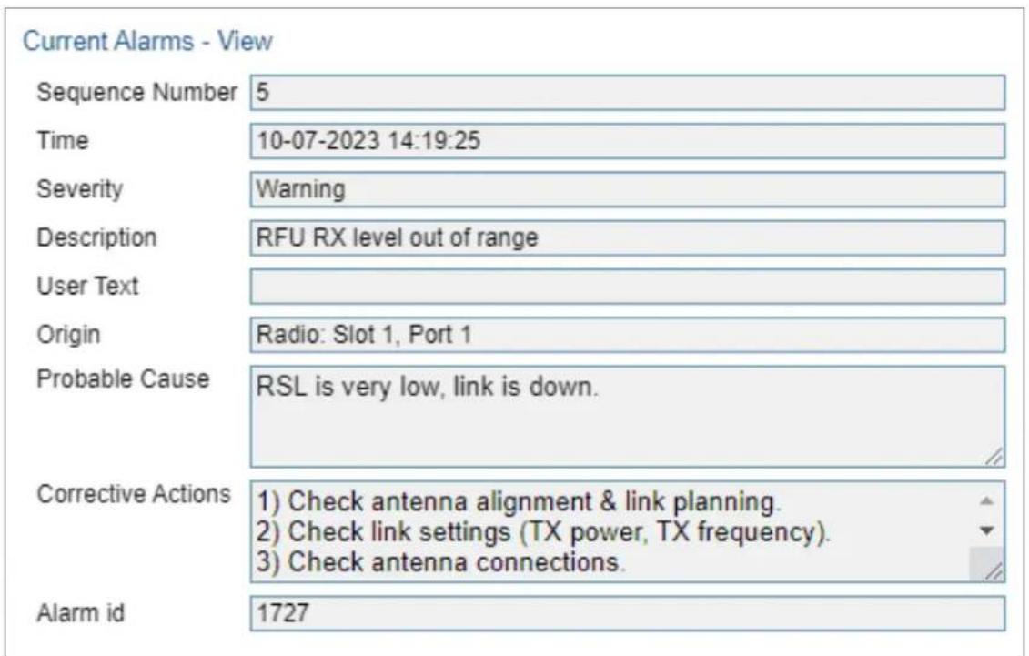 Current Alarms - View Sequence Number 5 Time 10-07-2023 14:19:25 Severity Warning Description RFU RX level out of range User Text Origin Radio: Slot 1, Port 1 Probable Cause RSL is very low, link is down. Corrective Actions 1) Check antenna alignment & link planning. 2) Check link settings (TX power…
