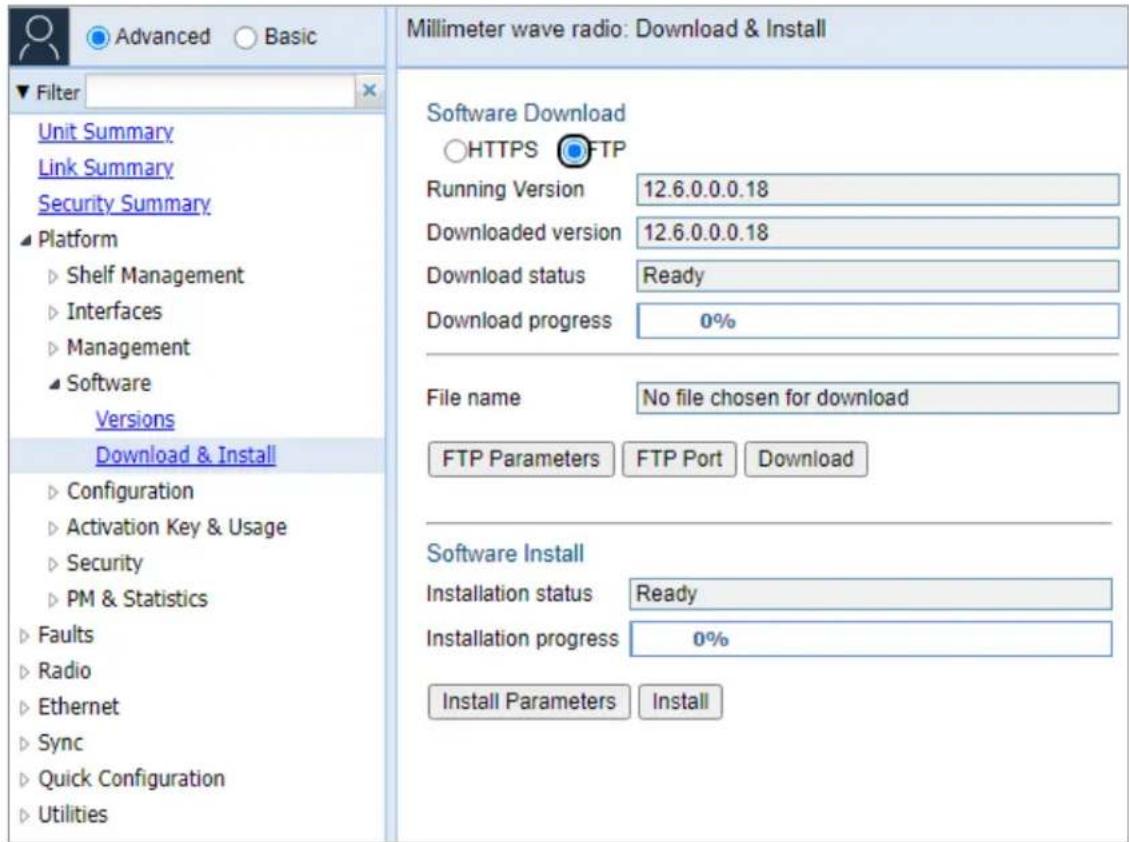 Millimeter wave radio: Download & Install Software Download HTTPS FTP Running Version 12.6.0.0.0.18 Downloaded version 12.6.0.0.0.18 Download status Ready Download progress 0% File name No file chosen for download FTP Parameters FTP Port Download Software Install Installation status Ready Installati…