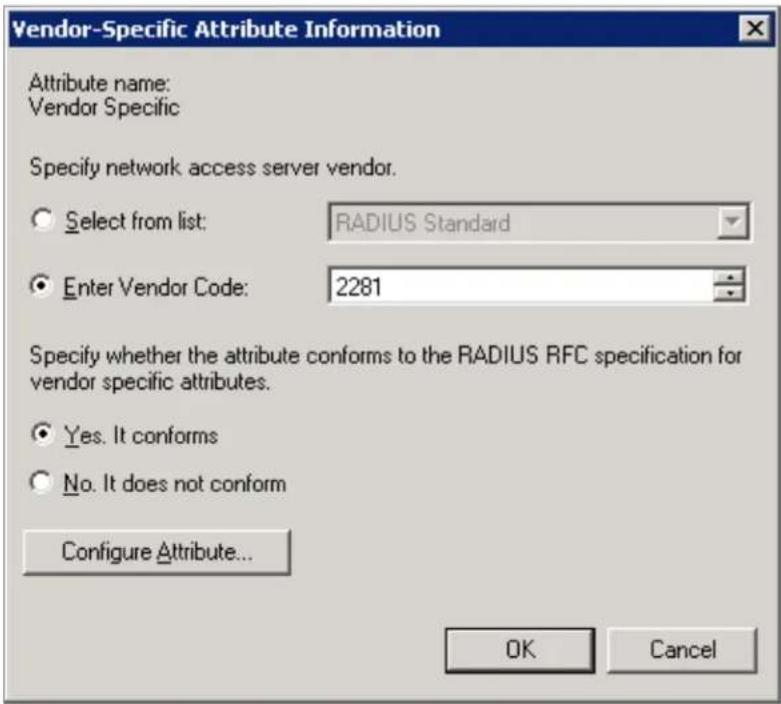 Vendor-Specific Attribute Information Attribute name: Vendor Specific Specify network access server vendor. Select from list: RADIUS Standard Enter Vendor Code: 2281 Specify whether the attribute conforms to the RADIUS RFC specification for vendor specific attributes. Yes. It conforms No. It does no…