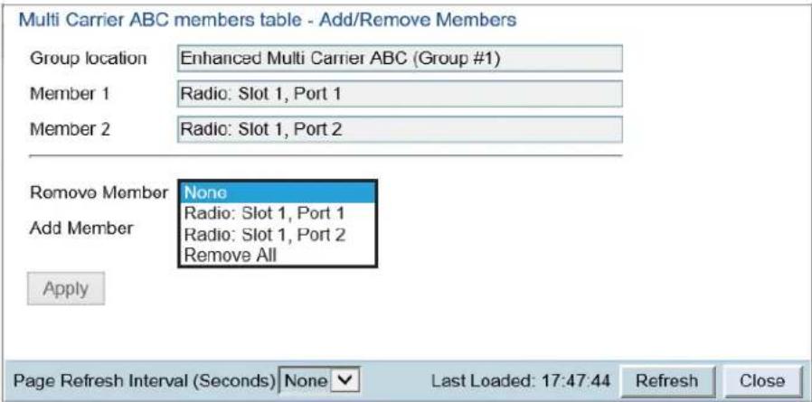 Multi Carrier ABC members table - Add/Remove Members Group location Enhanced Multi Carrier ABC (Group #1) Member 1 Radio: Slot 1, Port 1 Member 2 Radio: Slot 1, Port 2 Remove Member None Add Member Radio: Slot 1, Port 1 Radio: Slot 1, Port 2 Remove All Apply Page Refresh Interval (Seconds) None Last…