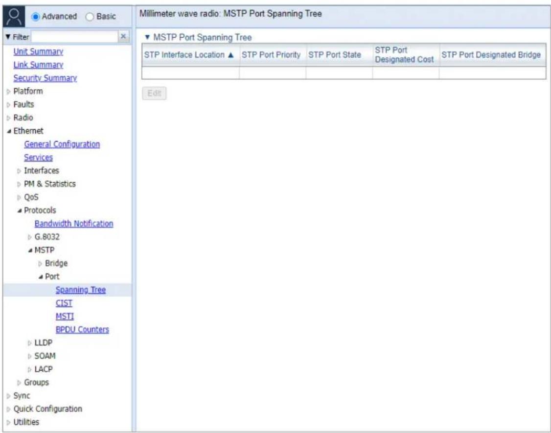 Millimeter wave radio: MSTP Port Spanning Tree ▼ MSTP Port Spanning Tree STP Interface Location ▲ STP Port Priority STP Port State STP Port Designated Cost STP Port Designated Bridge Edit Unit Summary Link Summary Security Summary ► Platform ► Faults ► Radio ► Ethernet General Configuration Services…