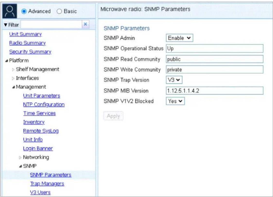Microwave radio: SNMP Parameters SNMP Parameters SNMP Admin Enable SNMP Operational Status Up SNMP Read Community public SNMP Write Community private SNMP Trap Version V3 SNMP MIB Version 1.12.5.1.1.4.2 SNMP V1V2 Blocked Yes Apply SNMP Parameters Trap Managers V3 Users